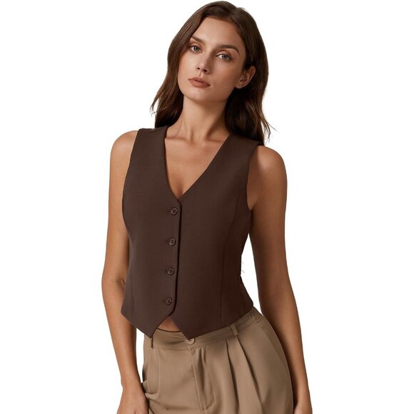 Women's Coffee Bean V Neck Vest Top Sleeveless Button Down Lined Solid Crop Tops - Picture 4 of 6